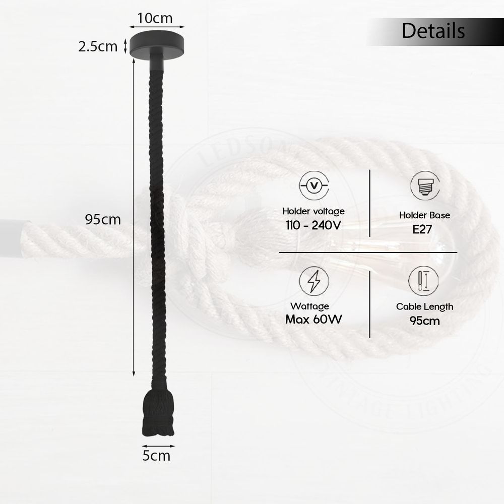 Vintage Pendant Light | 1m Hemp Rope Hanging Lamp | Metal E27 Ceiling Lamp