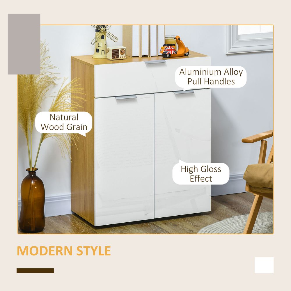 HOMCOM High Gloss Storage Cabinet w/ Drawer Double Door Cupboard White Natural