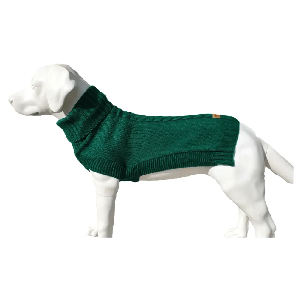 The Jazz Dog Jumper in Green - Contemporary Cableknit Design, Lycra Strengthened Rolleck, Leg Slits - Best Quality