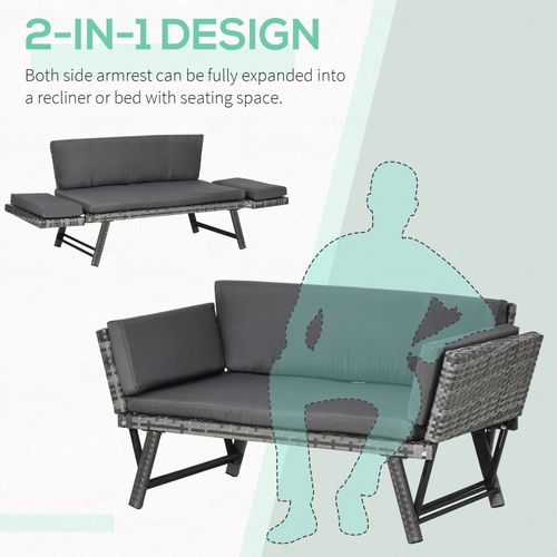 2 in 1 Rattan Folding Daybed Sofa Grey w/Cushion