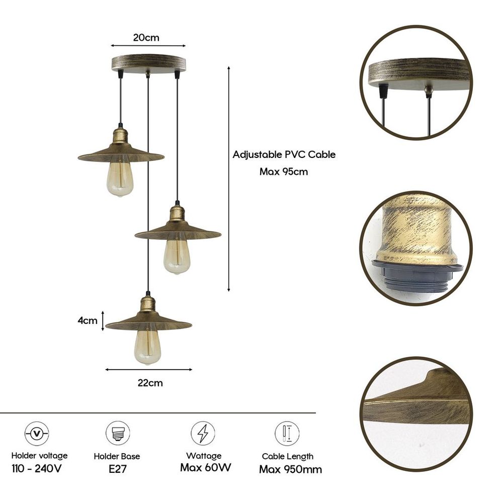 Vintage Industrial Brushed Brass Pendant Light - Metal Shade - 22cm - Easy Fit - High Quality
