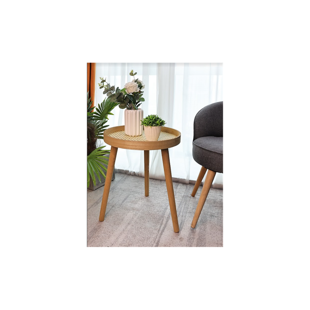 SHLEDECOR Cane Side Table With Rattan Circle Round Table - Solid Matte Oak Finish Legs - Sofa Table Stool End Table