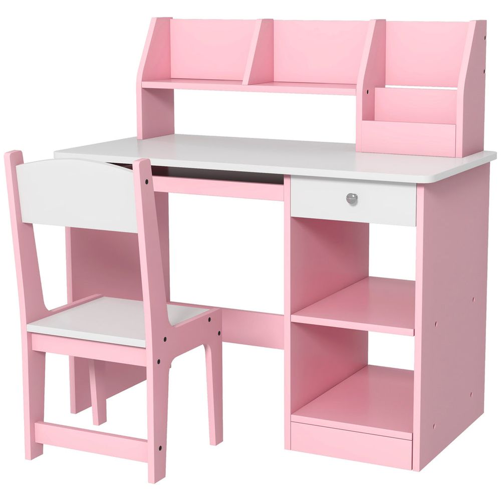 ZONEKIZ Kids Desk and Chair Set with Storage for 5-8 Years, Pink