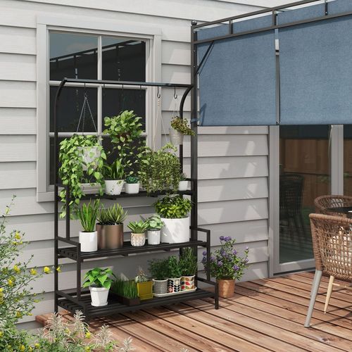Outsunny 3 Tiered Plant Rack Stand with Hanging Hooks for Indoor Outdoor Use