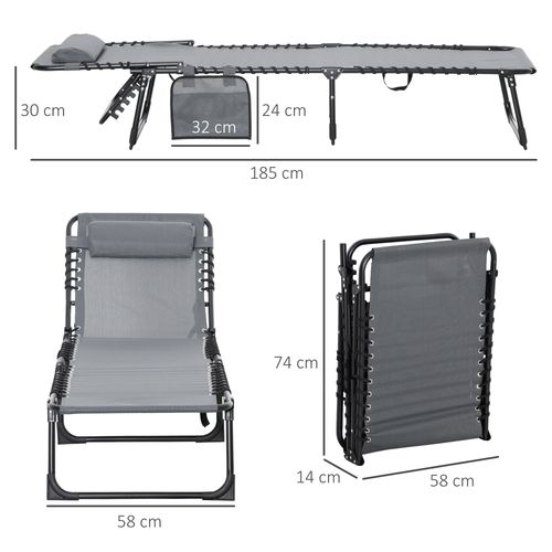Portable Sun Lounger, Reclining Lounge Chair 5-position Adjustable Pillow Grey
