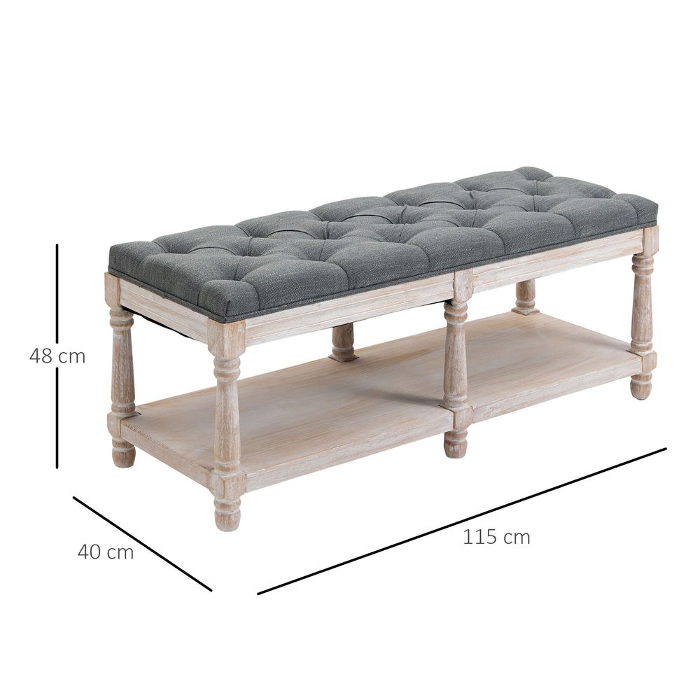 HOMCOM 2-Tier Bed End Bench, Vintage Stool, Wooden Window Seat with Storage Shelf, Button Tufted Upholstered Footstool for Living Room, Bedroom, Entryway, Grey