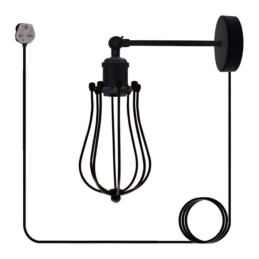 Black Vintage Industrial Light Plug in Wire cage E27 Wall Lamp~5059