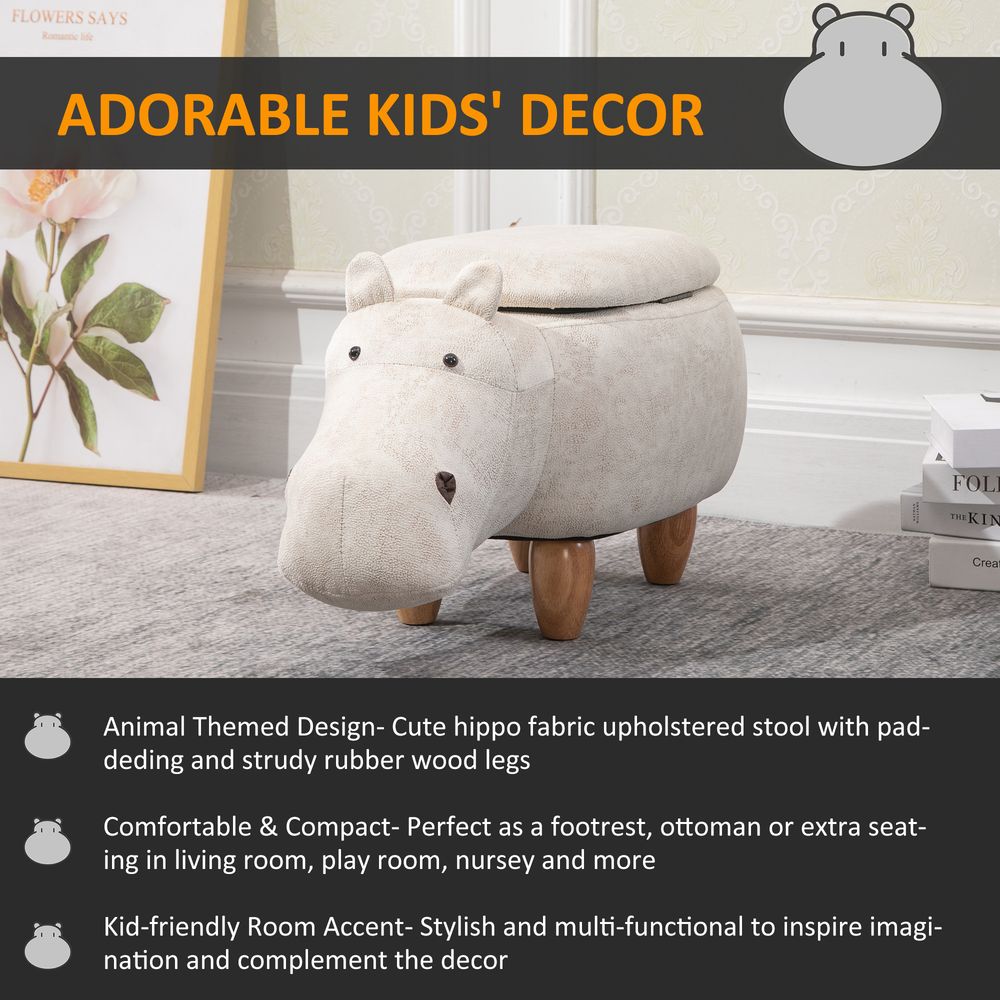 HOMCOM Hippo Storage Stool | Cute Footrest | Wood Frame Legs | Cream