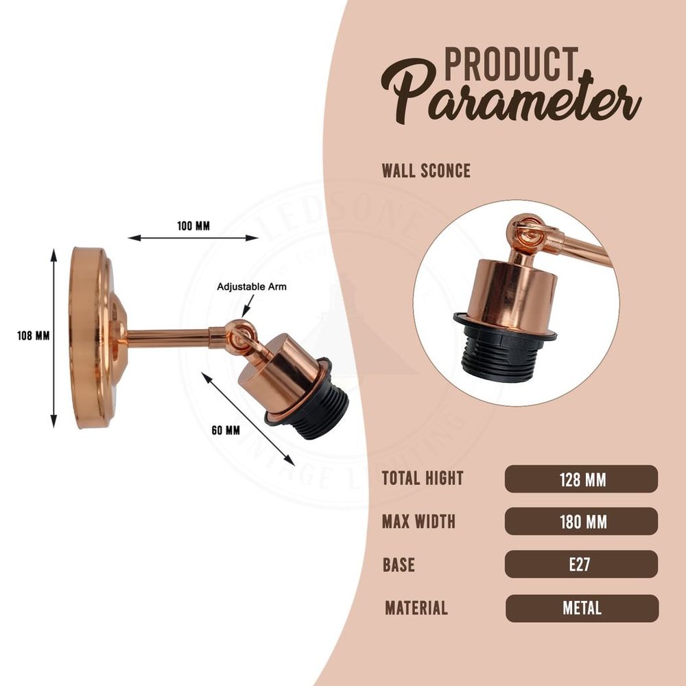Vintage Industrial Rose Gold Retro Wall Light Sturdy Metal Lamp Shade Lights Classic Style E27