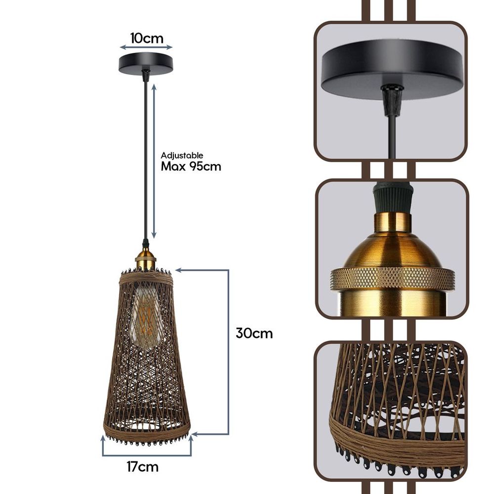 Vintage Industrial Rattan Wicker Pendant Light Shade - Stylish Ceiling Lamp for Home, Cafe, Bar - E27 Bulb Compatible