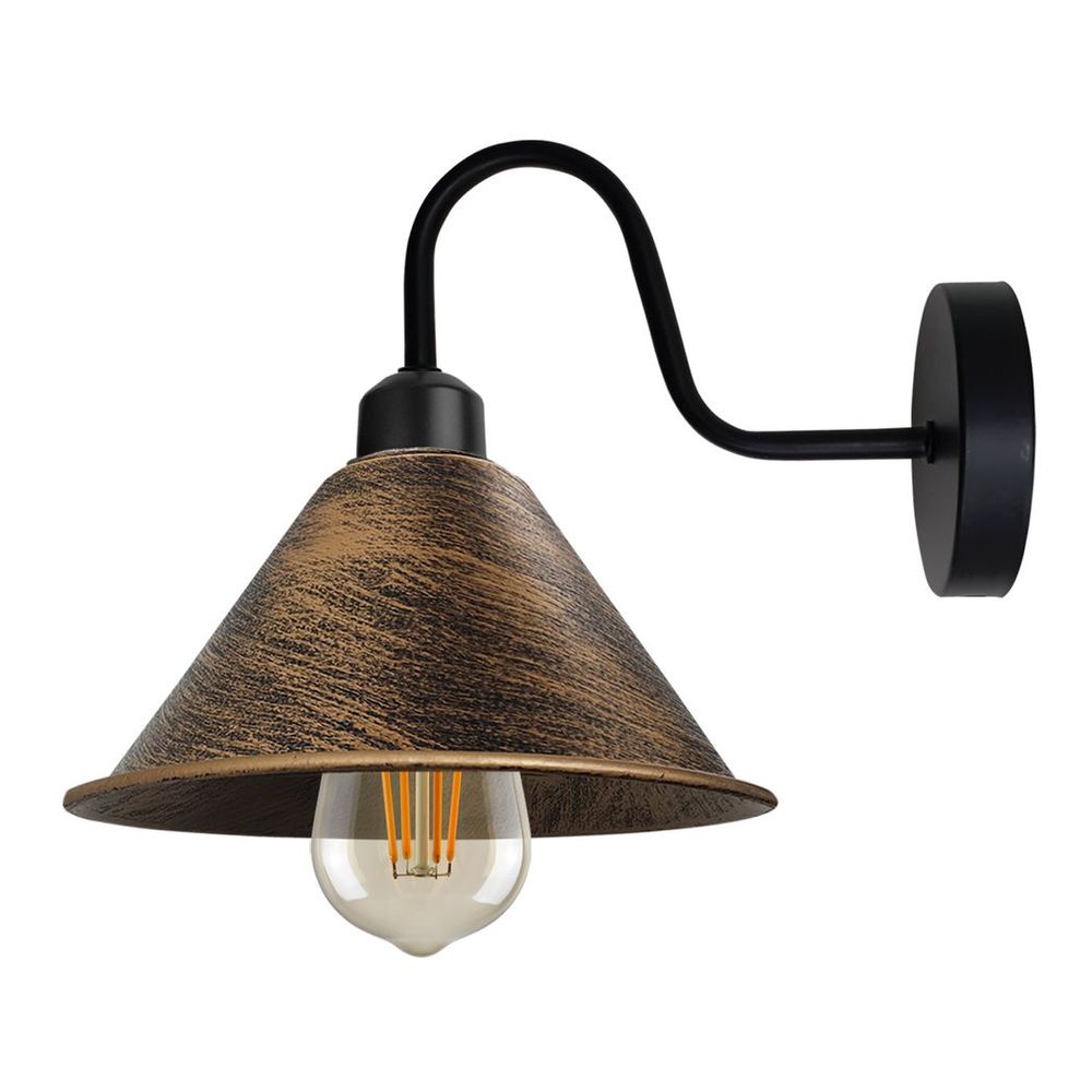 Vintage Brushed Copper Wall Light - Black Sconce - Cone Shade - Swan Neck - Quality Craft - Dimmable - E27 Base
