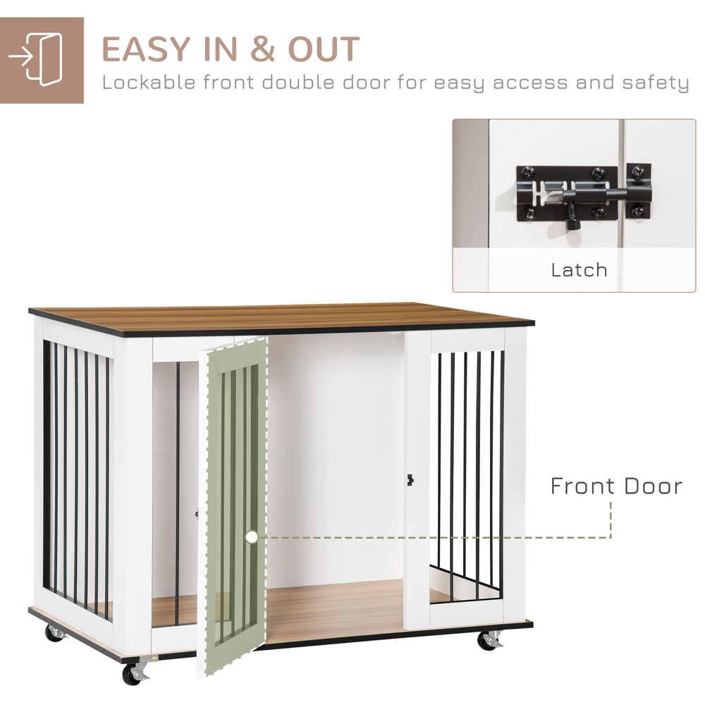 PawHut Dog Crate Furniture, Dog Cage End Table with Wheels, Lockable Door, for Medium Dogs, 106 x 60 x 82 cm - White