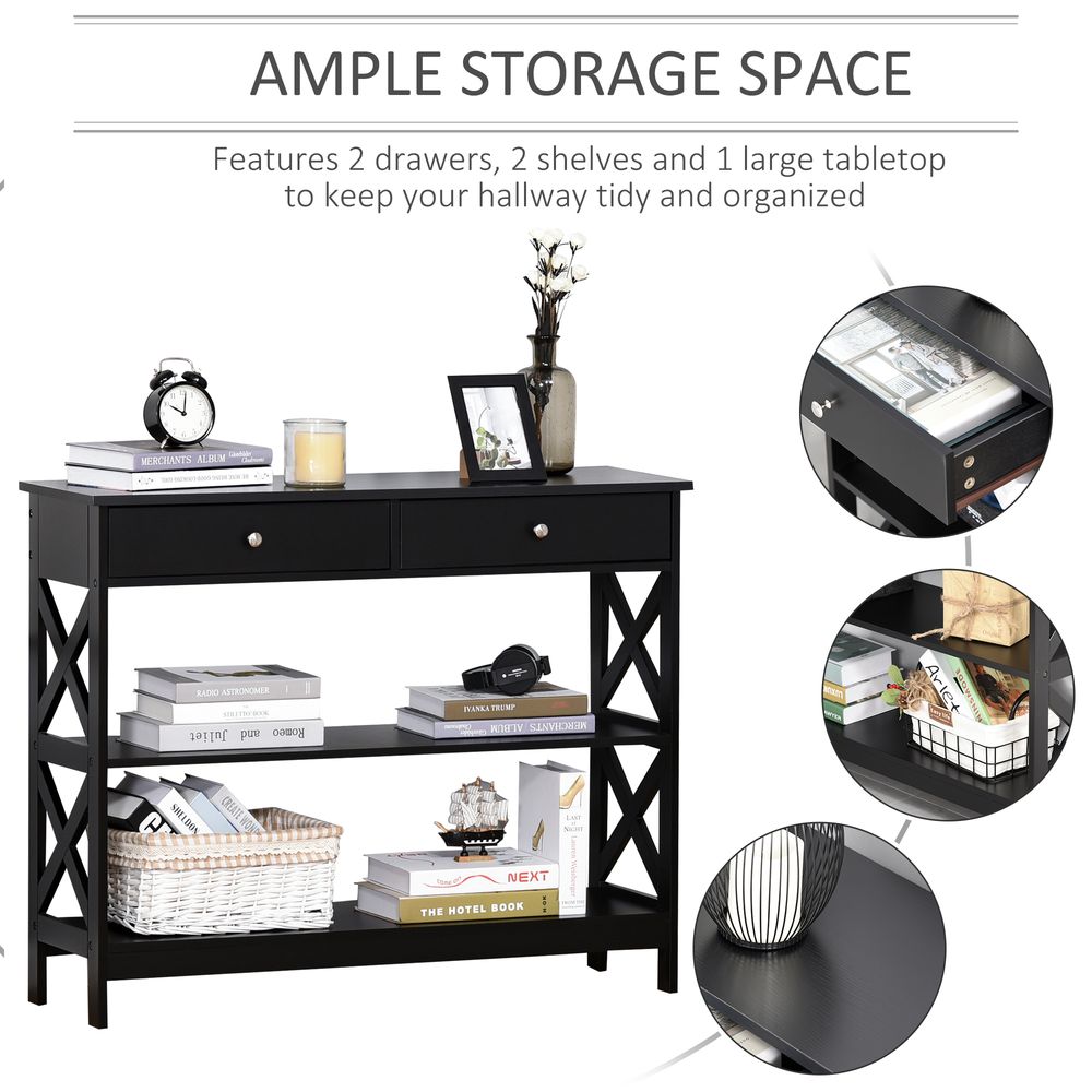 HOMCOM Console Table Side Desk w/Shelves Drawers Open Top X Support Frame Living Room Hallway Home Office Furniture Black