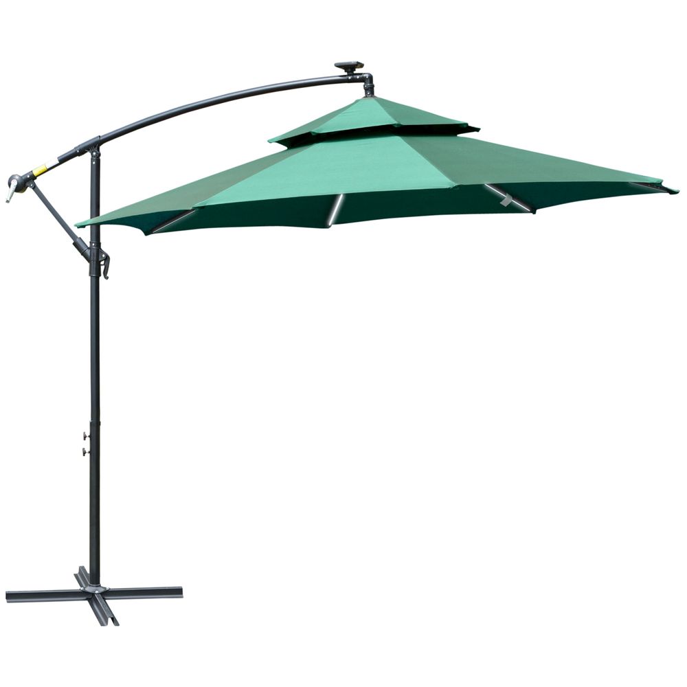 Premium 3m Double Roof Cantilever Banana Parasol w/ LED Solar Lights - Crank, Green