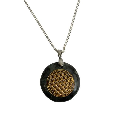 Disc Pendant & Flower of Life Design with Silver Chain, 3cm, Labradorite