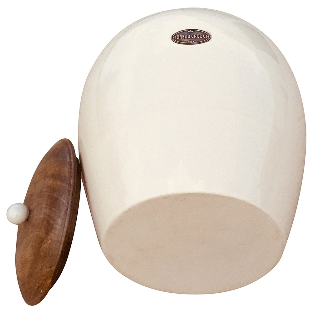 Cream Ceramic Bread Bin - Large Glazed Finish with Wooden Lid - High Quality - 31cm x 31cm x 37cm