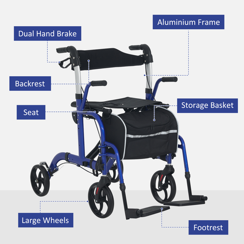 HOMCOM 2 in 1 Wheelchair & Folding Rollator Walker Combo, Pearl Blue