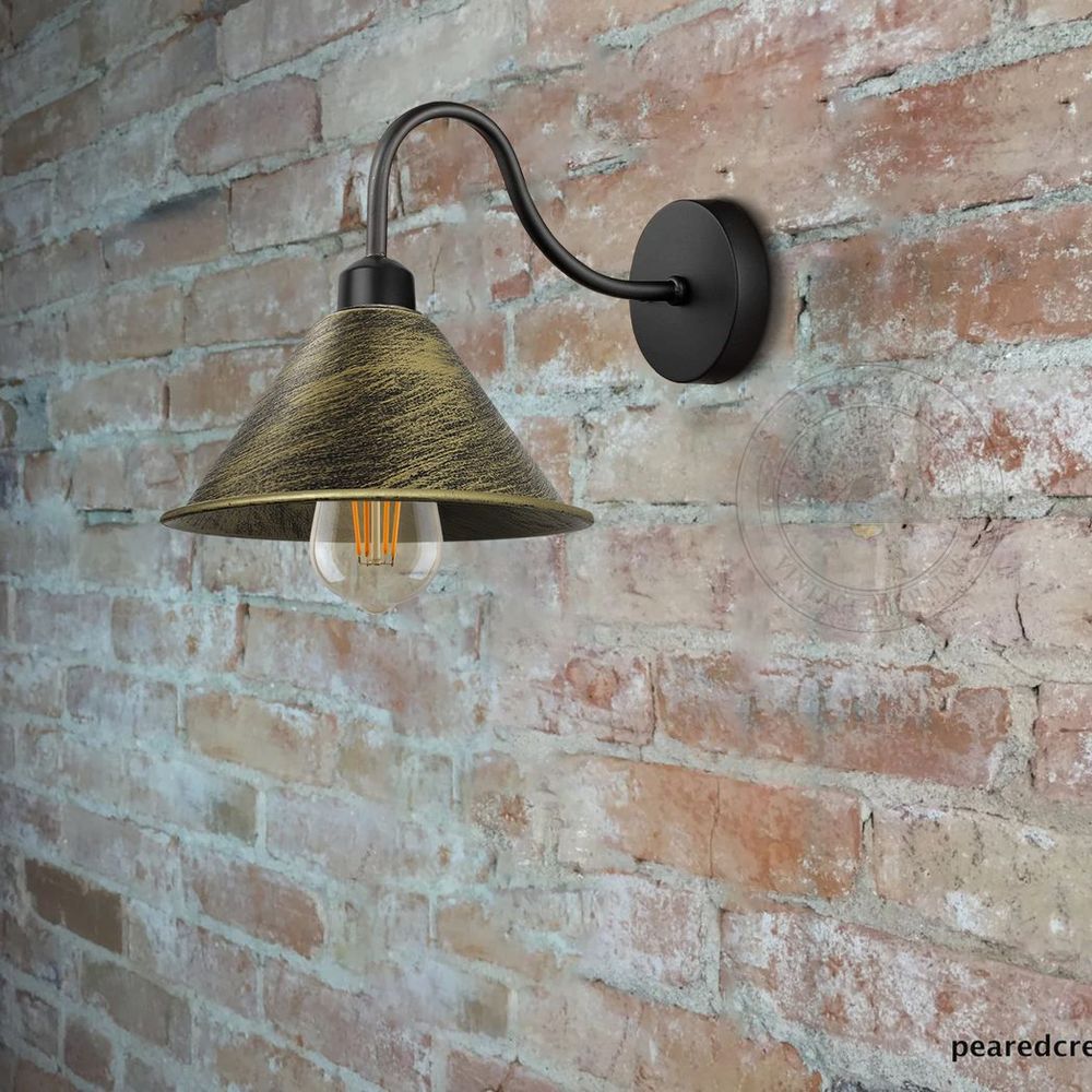 Brushed Brass Vintage Wall Light Fixture Black Wall Sconce E27 Base Socket Screw Wall Mounted Neck Cone Shape Shade