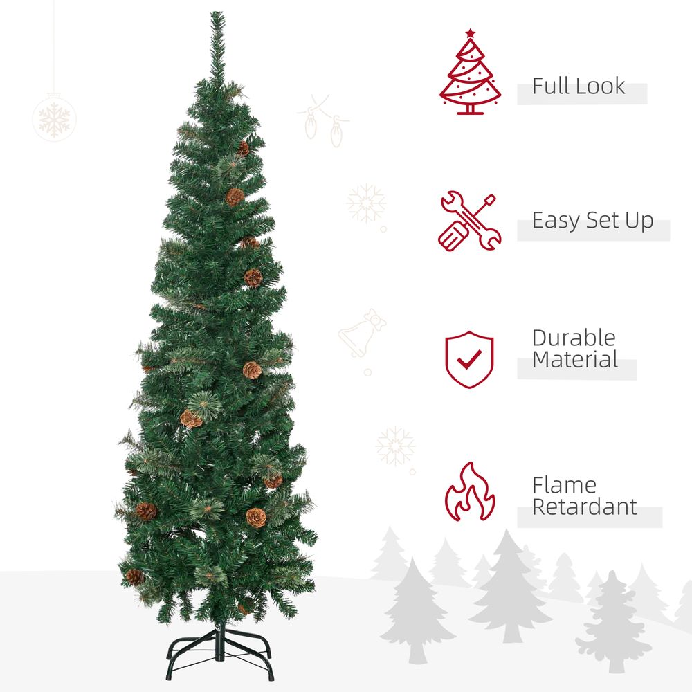 HOMCOM 5.5FT Tall Pencil Slim Artificial Christmas Tree with Realistic Branches, Tip Count and Pine Cones, Pine Needles Tree, Xmas Decoration, Green