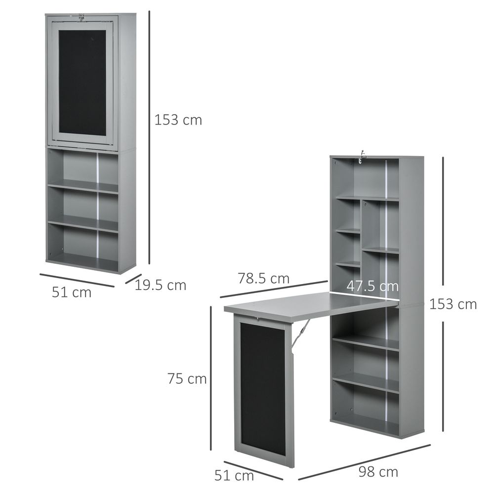 HOMCOM Fold-out Convertible Writing Desk Wall Mount Cabinet with Blackboard and Side Shelf Multi-Function Home Office Workstation, Grey 98 x 51 cm