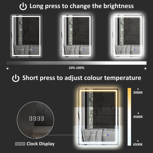HOMCOM 500 x 700 mm Bathroom Mirror with Bluetooth Clock Lights Demister Pad