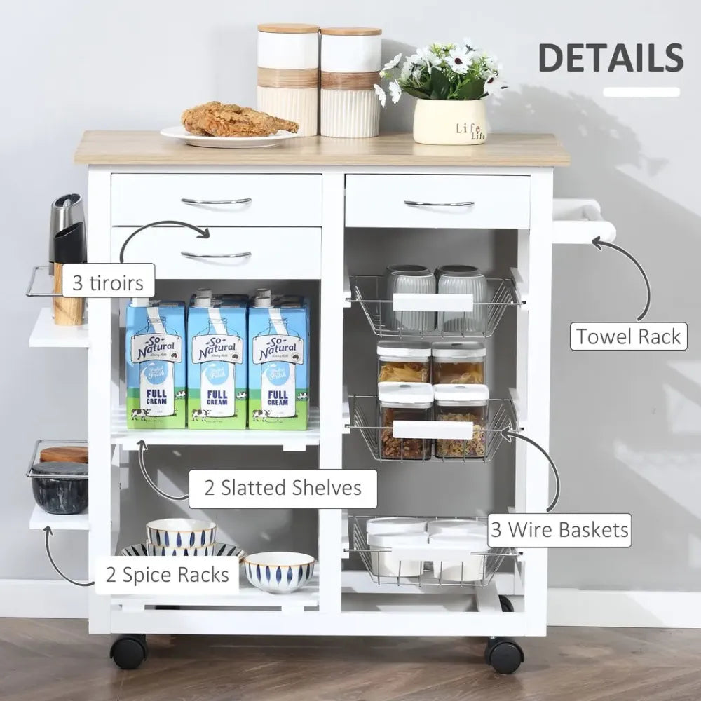 HOMCOM Serving Cart Kitchen Island Mobile Utility Cart with Spice Racks Drawers