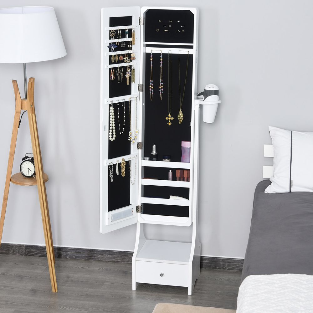 HOMCOM Jewellery Cabinet, Full Length Mirror with Storage, Free Standing Mirror with LED Lights, Hooks, Drawer and Hairdryer Holder for Bedroom, White