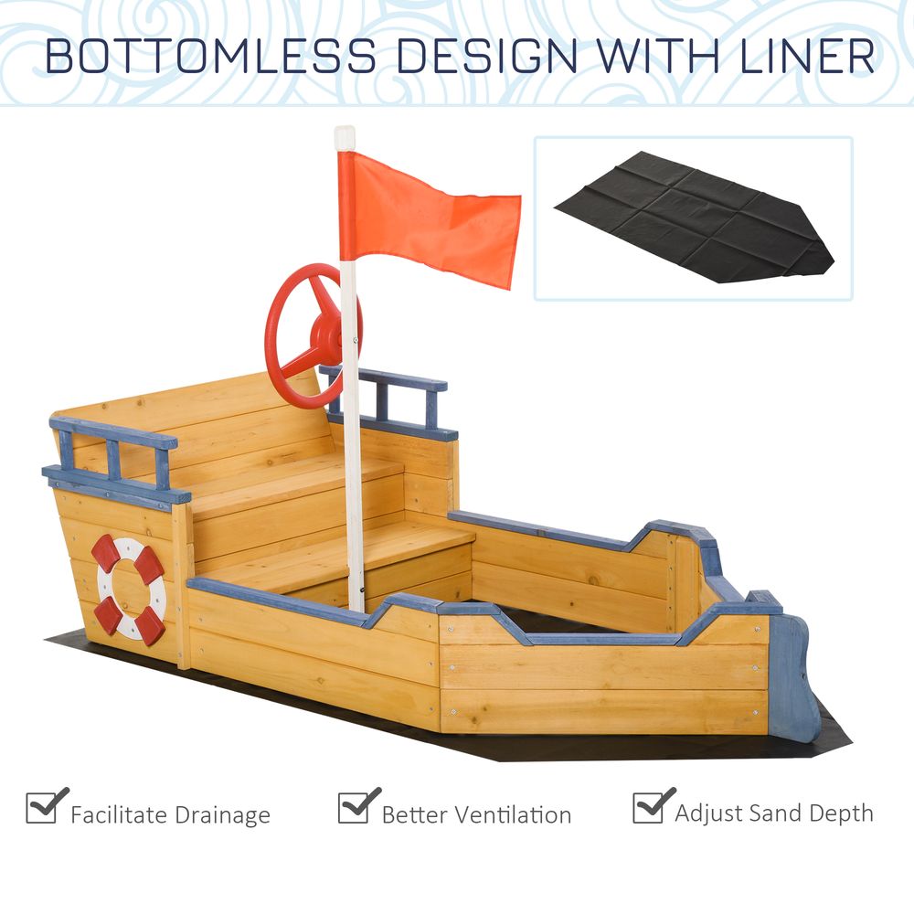 Kids Wooden Sandbox Pirate Ship Sandboat w/ Bench Seat Storage Space