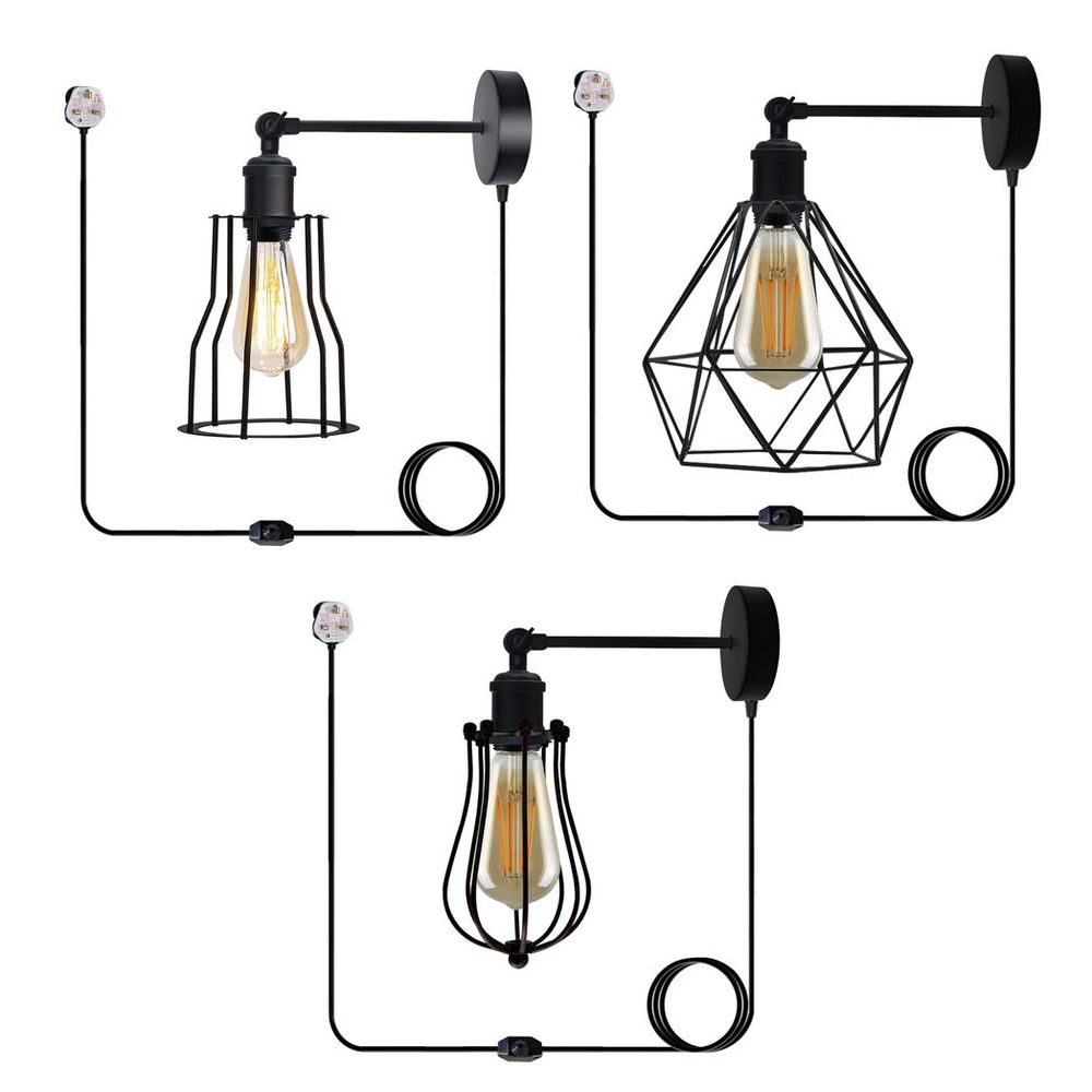Black Vintage Industrial Light Plug in Wire cage E27 Wall Lamp~5059