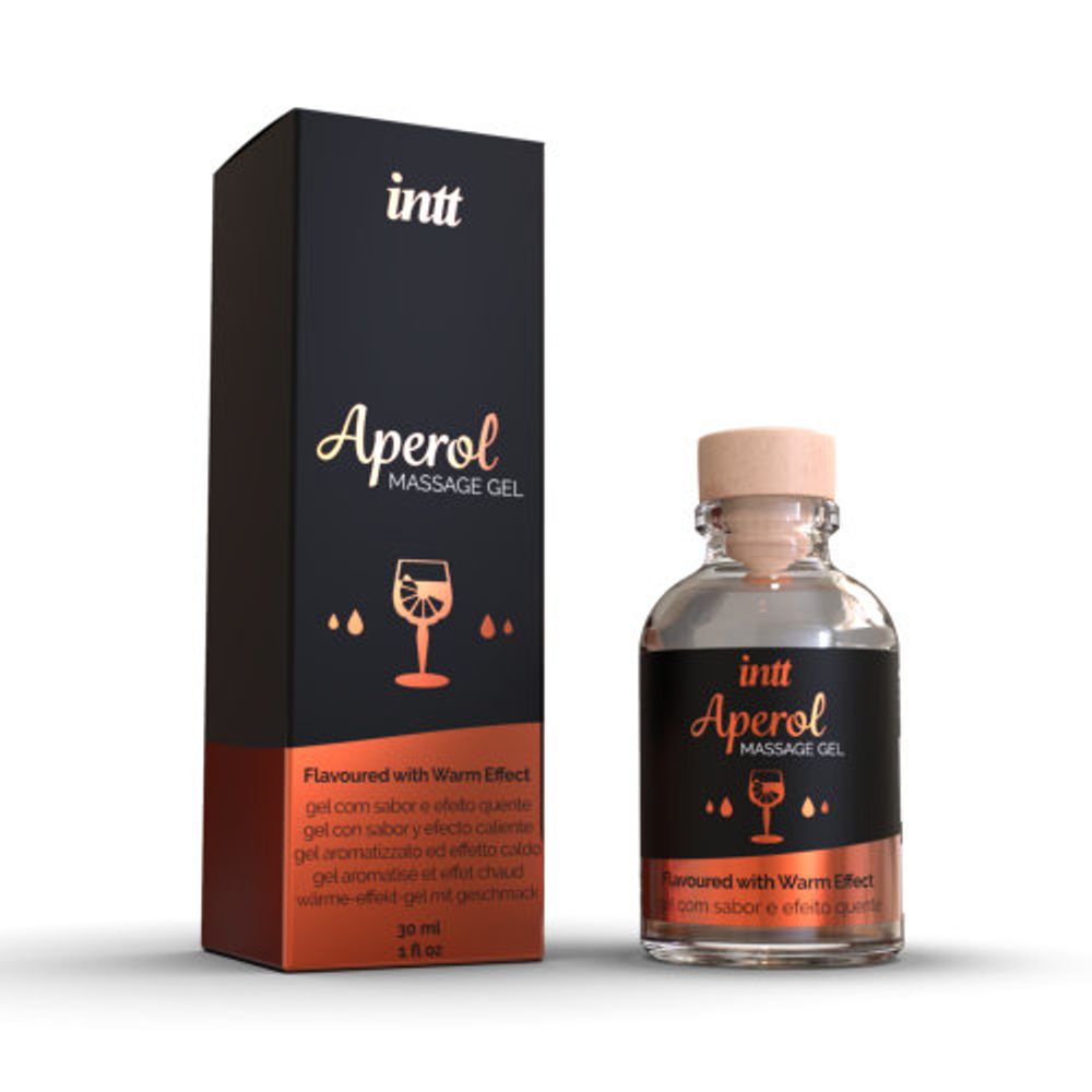 Intt Massage Gel - Aperol Flavour"
Description: "Kissable gel for massage, oral sex, and more. Double warming and cooling sensation. Cruelty-free. Travel-friendly 30ml bottle.