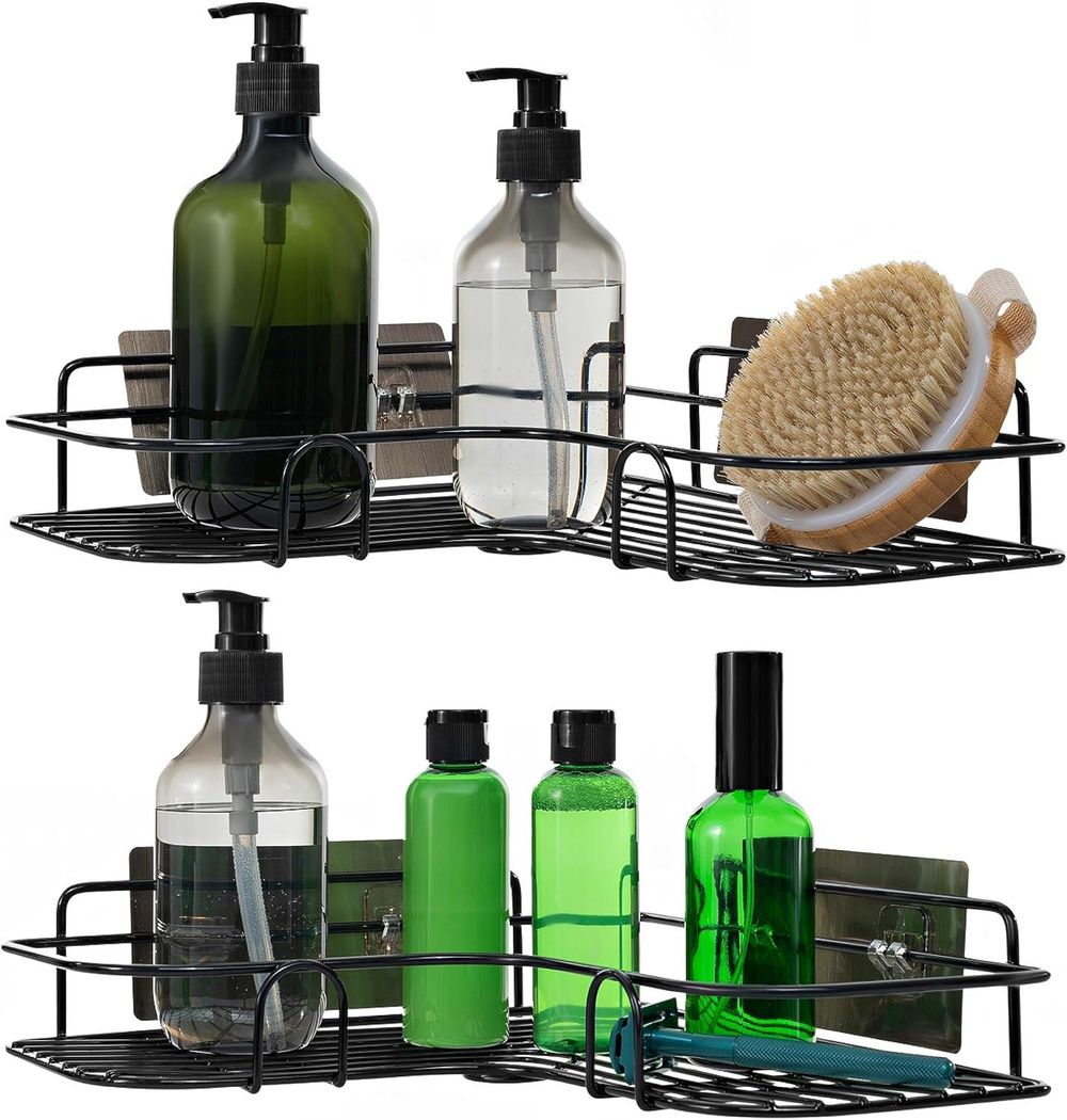 Space-Saving Black Corner Shower Caddy Set | Rust-Resistant | Nano Coating | Wall Mounted Adhesive | Set of 2