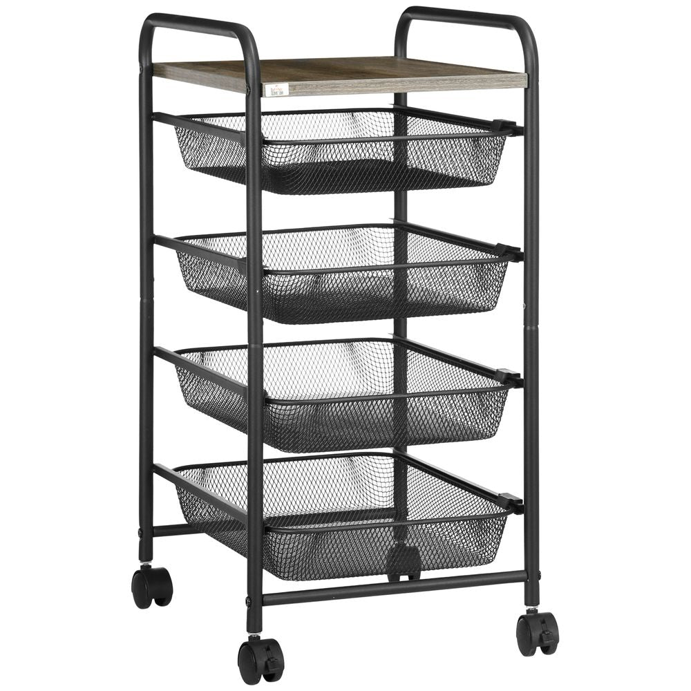 HOMCOM Storage Trolley Rolling Utility Cart - 4 Baskets - Kitchen & Office - Black