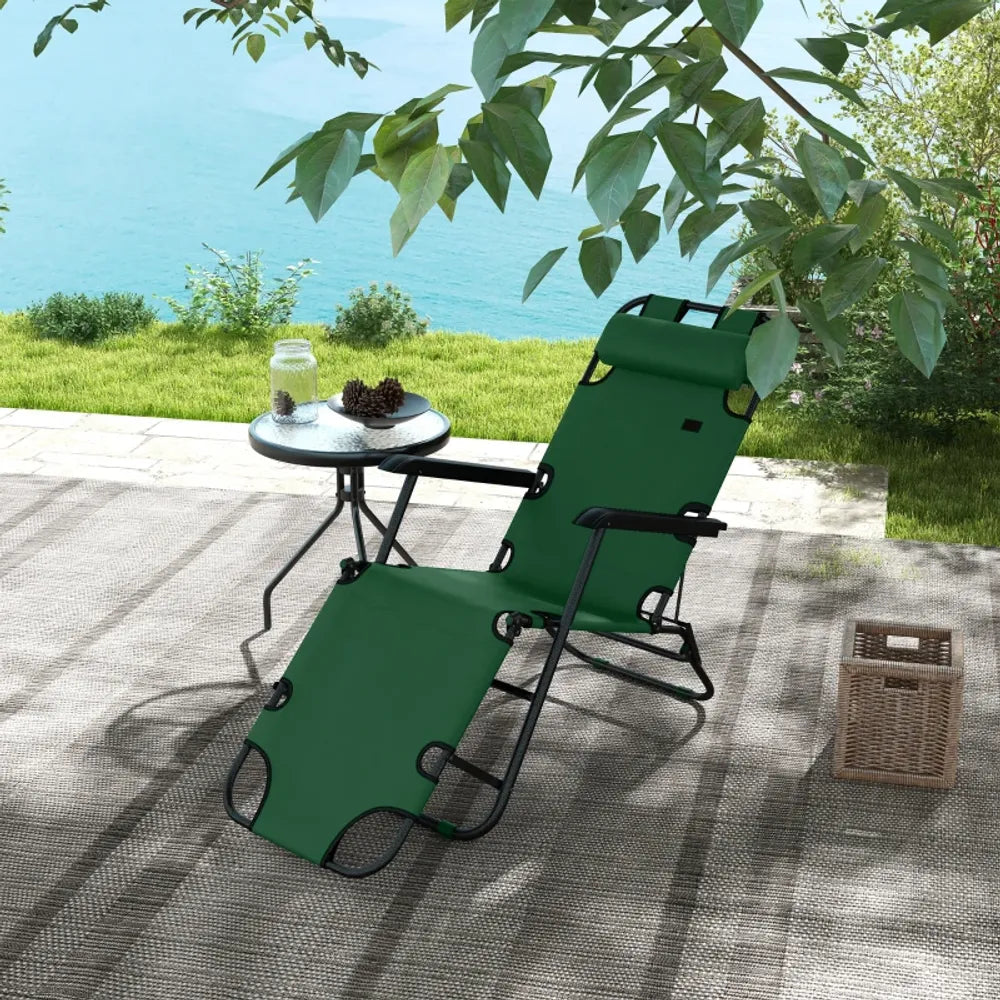Premium Outsunny 2-in-1 Outdoor Folding Sun Lounger | Adjustable Back & Pillow | Green