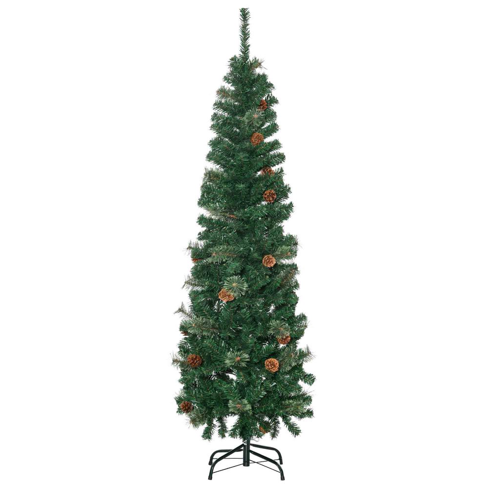 HOMCOM 5.5FT Tall Pencil Slim Artificial Christmas Tree with Realistic Branches, Tip Count and Pine Cones, Pine Needles Tree, Xmas Decoration, Green