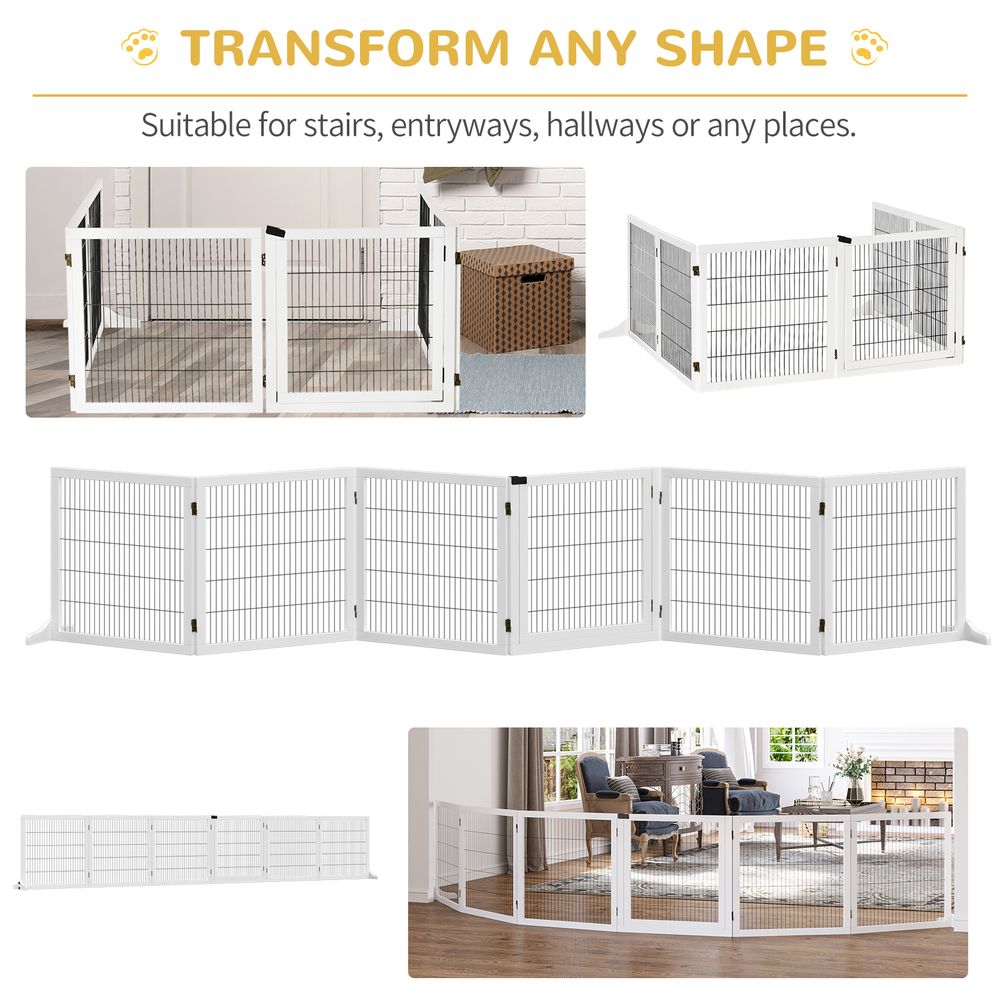 PawHut Freestanding Pet Gate, 6 Panel Foldable Playpen, Wooden Dog Gate with 2 Support Feet, for Stairs, Doorway - White