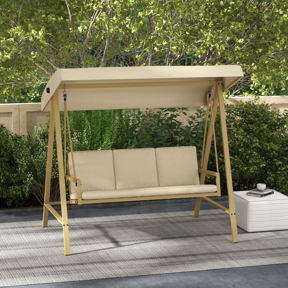 Outsunny 3 Seater Swing Chair, Adjustable Canopy&Cushions, Beige