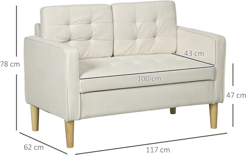 HOMCOM Compact Loveseat Sofa 2 Seater Sofa with Storage and Wood Legs Cream