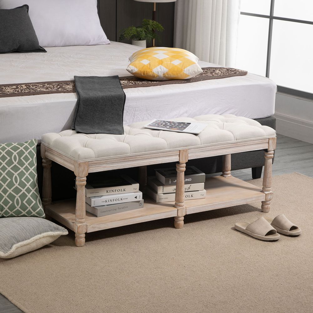HOMCOM 2-Tier Bed End Bench, Vintage Stool, Wooden Window Seat with Storage Shelf, Button Tufted Upholstered Footstool for Living Room, Bedroom, Entryway, Cream White