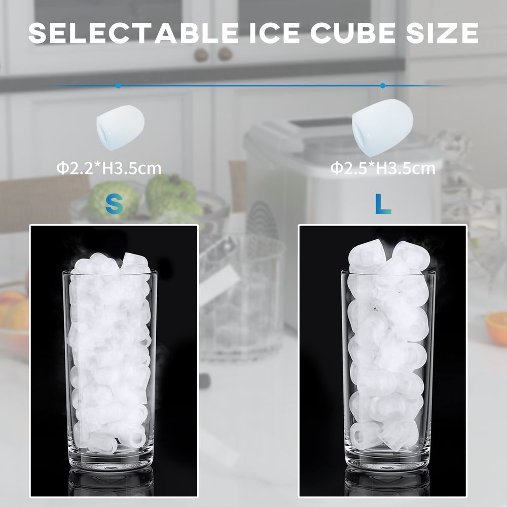 HOMCOM Portable Ice Cube Maker 12Kg/24 Hrs, 9Cubes/6-13Mins, 2 Cube Sizes