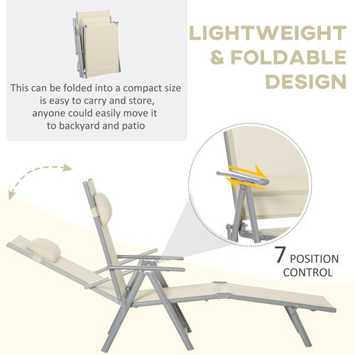 Sun Lounger Folding Chaise Chair Recliner & 7 Adjustable Backrest - Beige