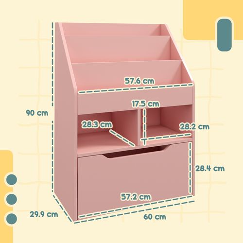 HOMCOM Kids Bookcase, Toy Box w/ Storage Drawer, Wheels for Bedroom - Pink
