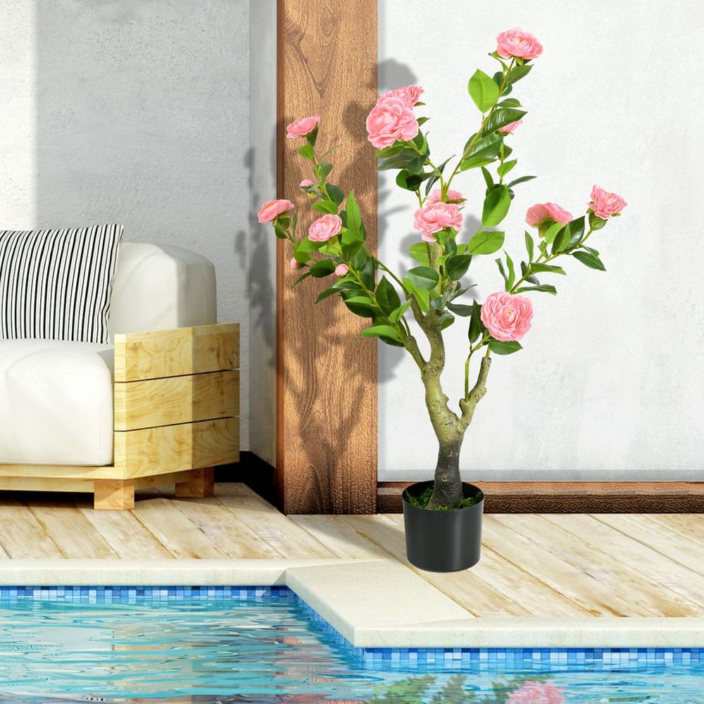 Long-Lasting HOMCOM Potted Artificial Plants, Indoor Outdoor Camellia Flower, Pink