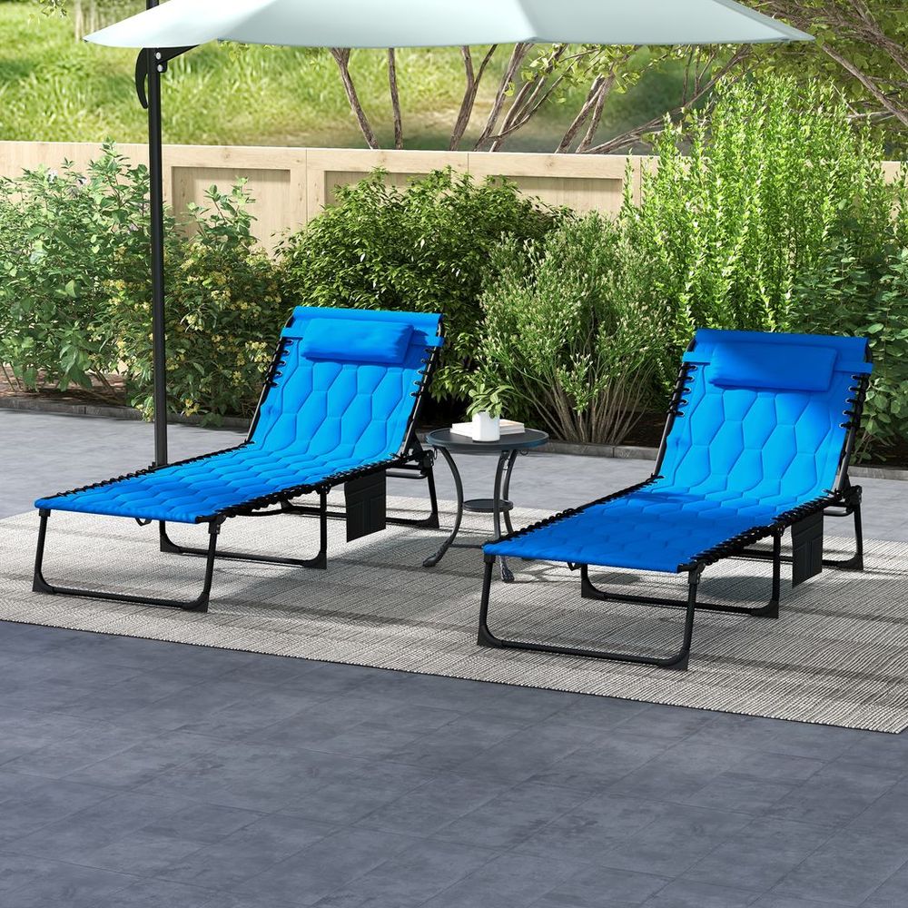 Premium Outsunny Foldable Sun Lounger Set - 2 Pieces, Padded Seat, 5-Position Recline, Blue