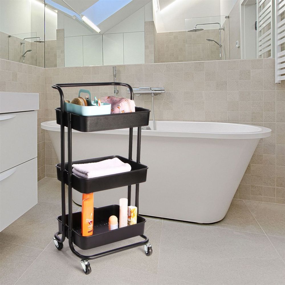 3 Tier Black Storage Trolley | M&W | Easy Assembly | Rust-Resistant | Versatile