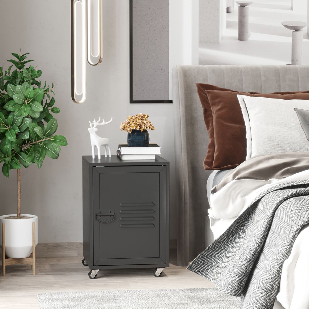 Industrial Bedside Table, Rolling End Side Table, Mobile Storage Cabinet - High Quality, Easy Assembly - Black - Free Shipping!