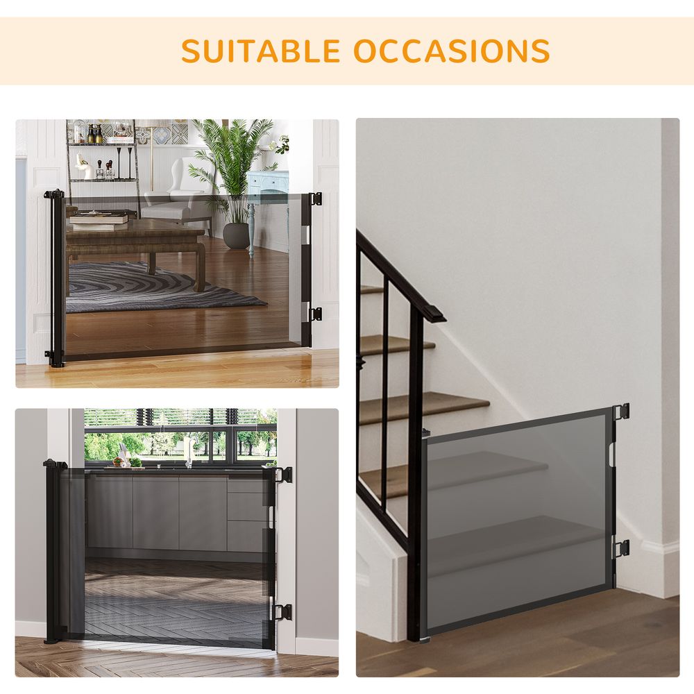 PawHut Retractable Stair Gate for Dogs, 150cm Extendable Dog Gate, Foldable Pet Safety Gate w/Single Hand Operation, for Doorway, Hallways, 85cm Tall - Black