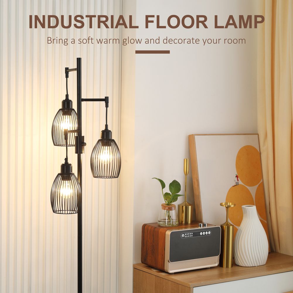 Industrial 3-Light Floor Lamp, Dimmable Black, 170cm