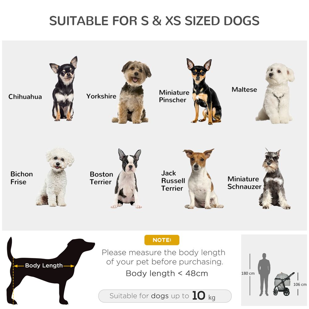 PawHut Dog Pram Dog Stroller Foldable Pet Pushchair with 4 Wheels, Safety Leashes, Cup Holder for Small Dogs, Grey