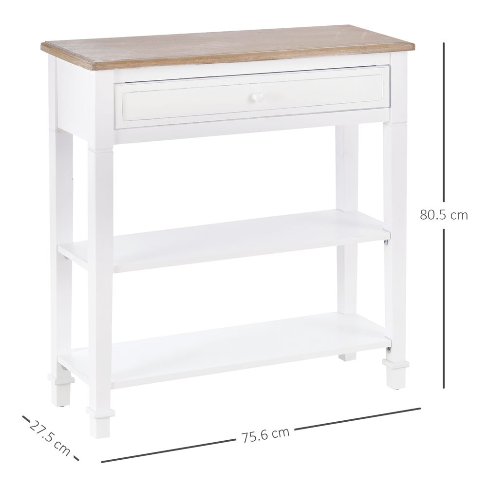 Stylish White MDF Console Table-Drawer & Shelves Storage-Oak Worktop-Balanced Legs