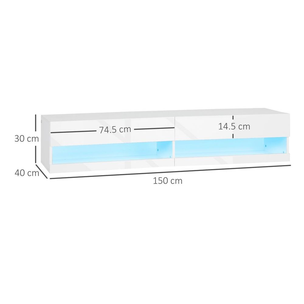 High Gloss TV Stand Unit Wall Mounted with Storage and LED Lights, White